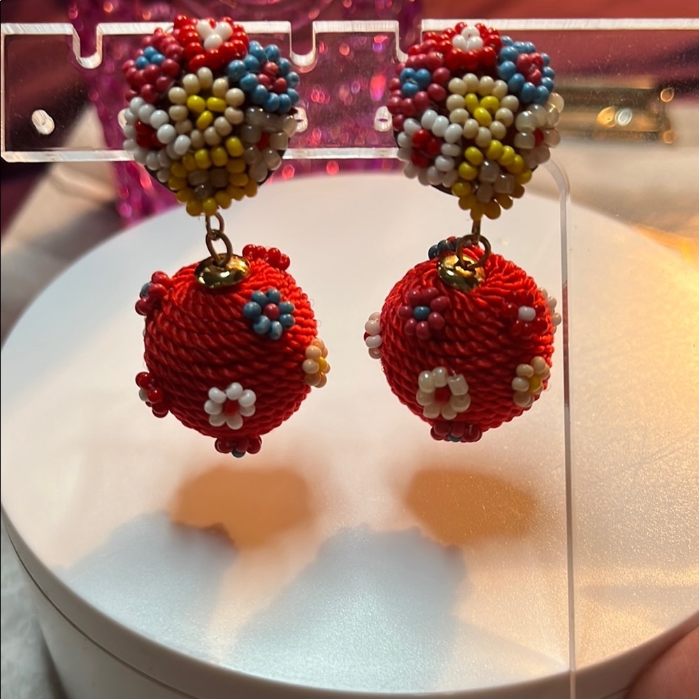 Colorful Beaded Pom Pom Drop Earrings - Picture 3 of 5
